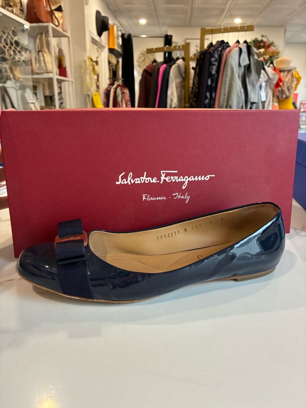 Salvatore Ferragamo Navy Patent Varina Bow Ballet Flat